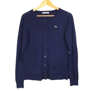 Lacoste Women’s Navy Crewneck 2 Pocket 100% Cotton Cardigan Size 38